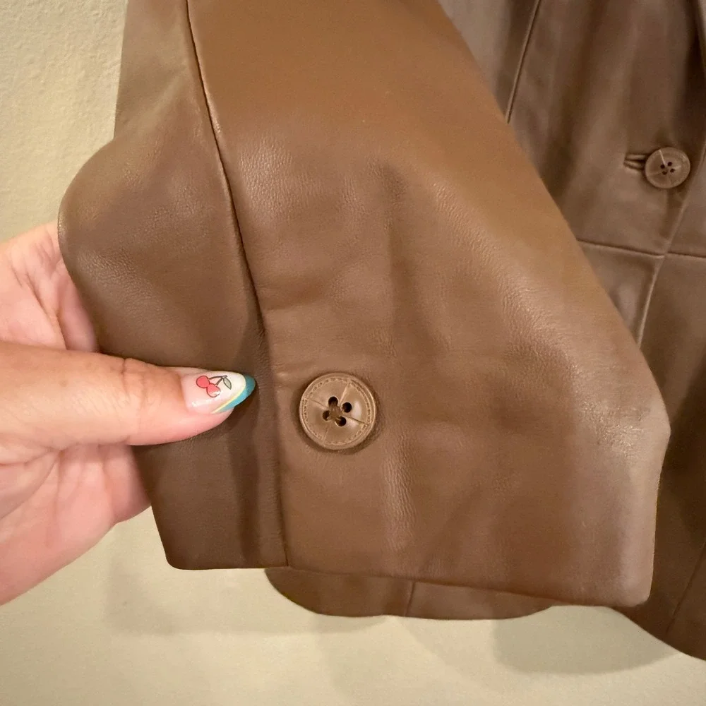 Vintage Denim & Co Leather Blazer Women Small Brown Minimalist Dark Academia